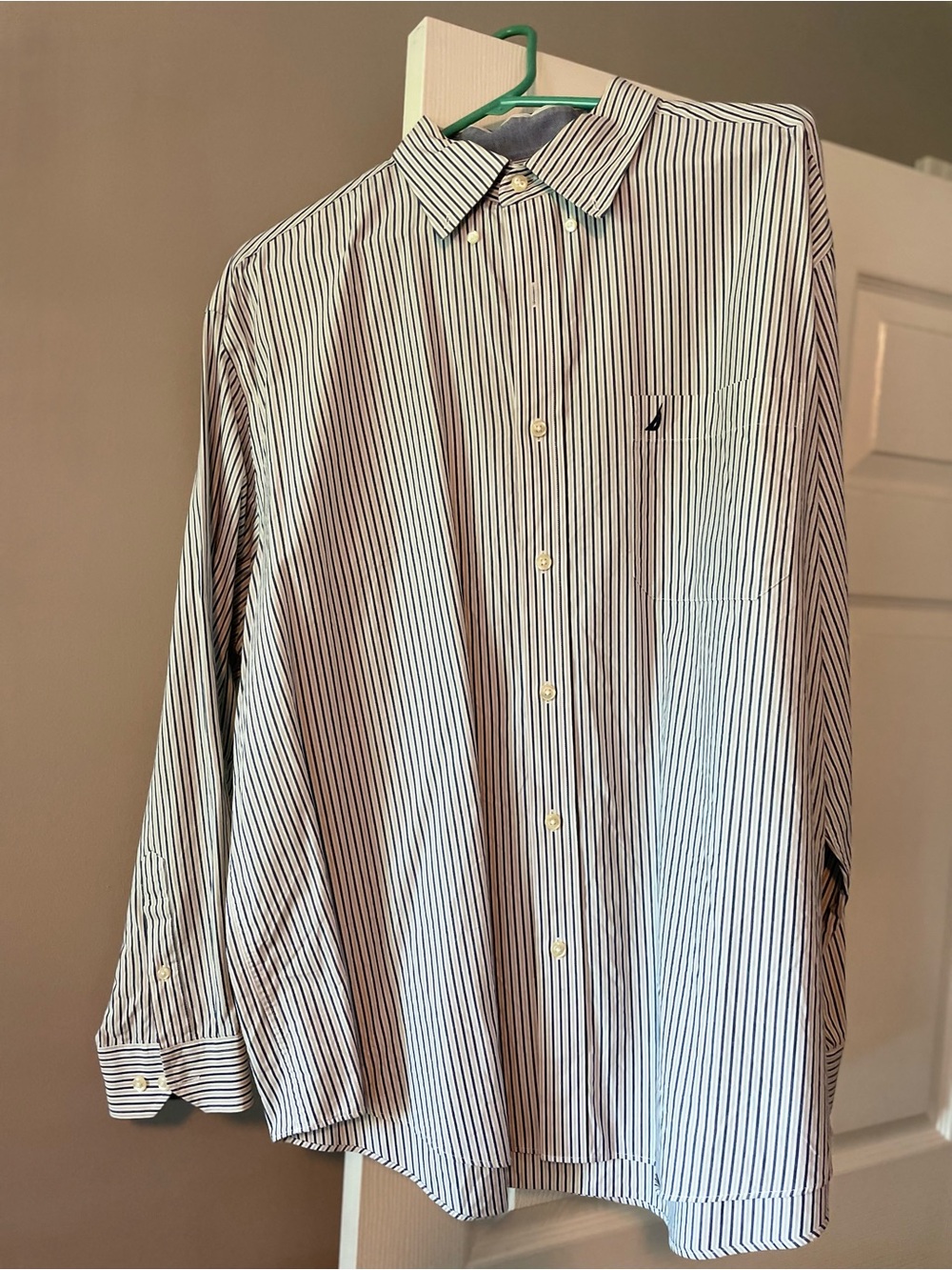 Men’s Nautica Blue, White and Tan Stripe Button-Down Dress Shirt